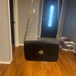 Tory Burch Black Leather Crossbody with Gold Chain